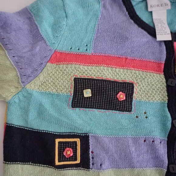 Koret Teal Pink Colorblock Cotton Blend Patchwork Button Up Cardigan Sweater M - Picture 10 of 12